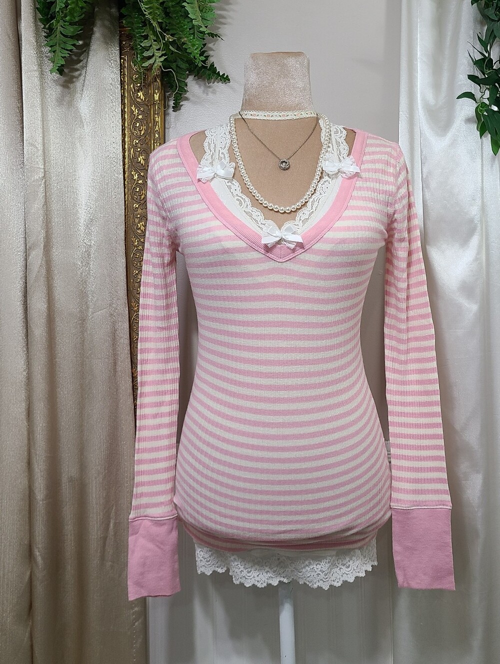 Rare ♡ Y2K ♡ Aeropostale Baby Pink Striped V Neck Long Sleeve Layering Babydoll